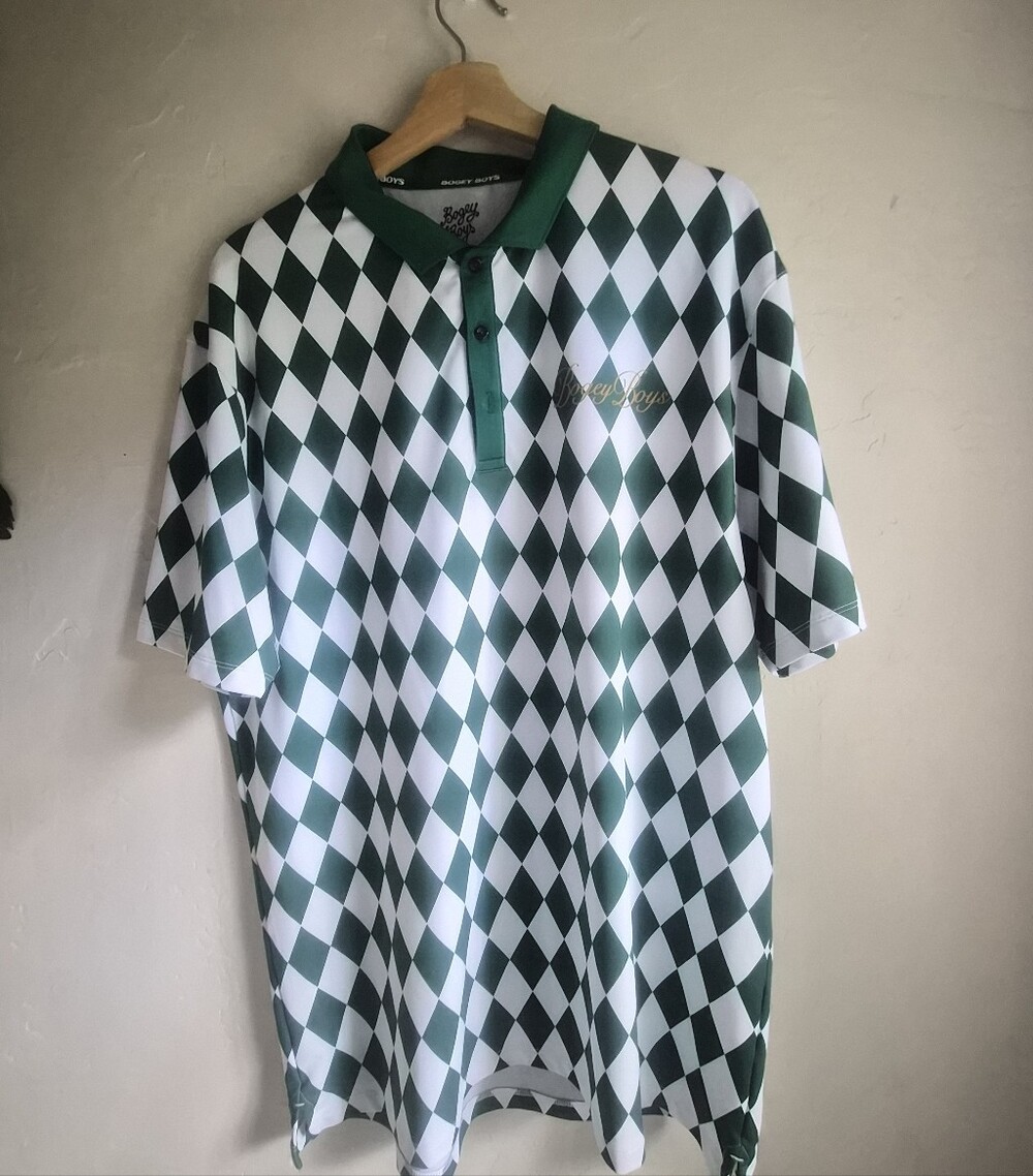 Green and White Diamond-Pattern Polo Shirt